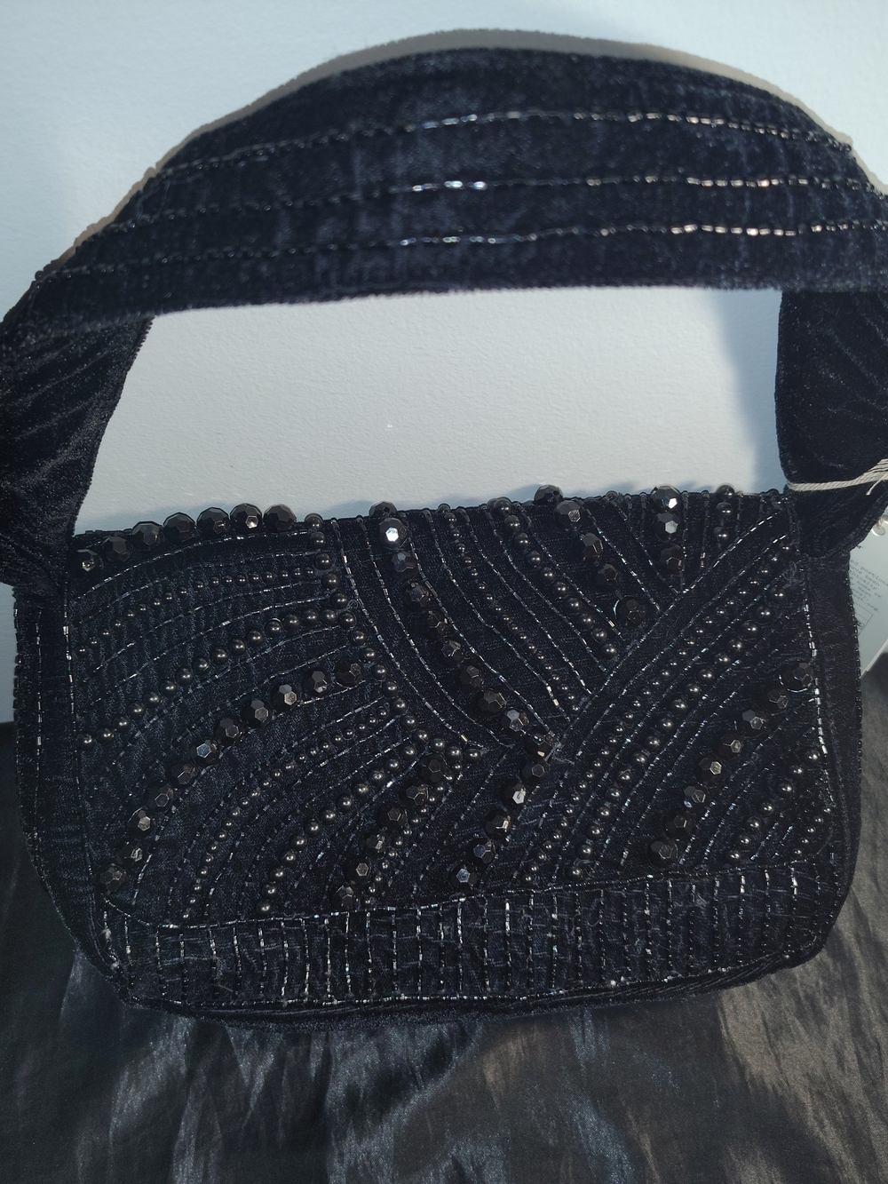 a new day Black Beaded Velvet Shoulder Bag